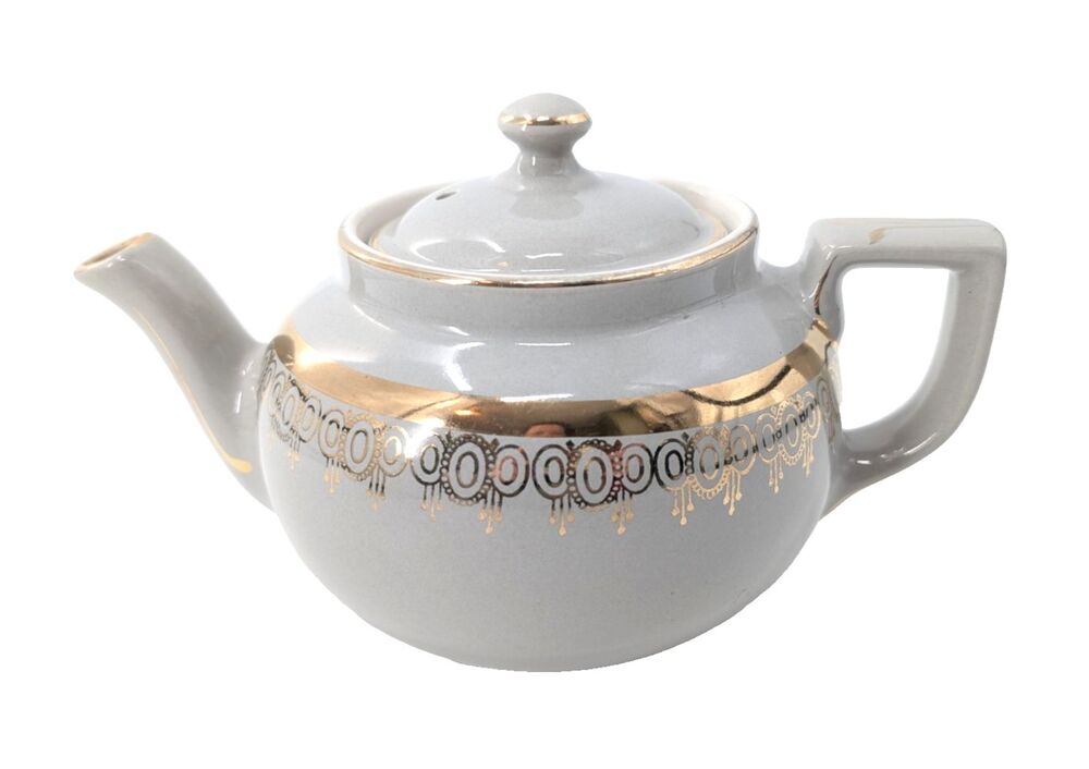 Hall Vintage Gray Metallic Gold Tea Pot 6 Cups Made in USA Art Deco Style
